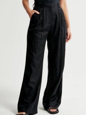 Abercrobie & Fitch Linen-Blend Tailored Ultra Wide-Leg Pant - Black - Sz 30 Long